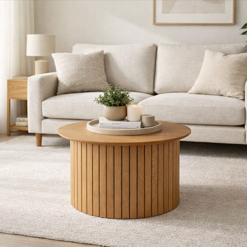 Oak finish round coffee - finish, table